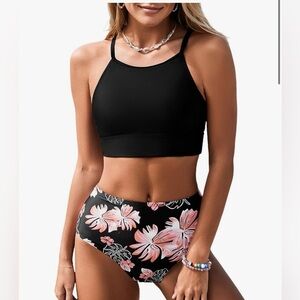 Black and Pink Floral Bikini Set
